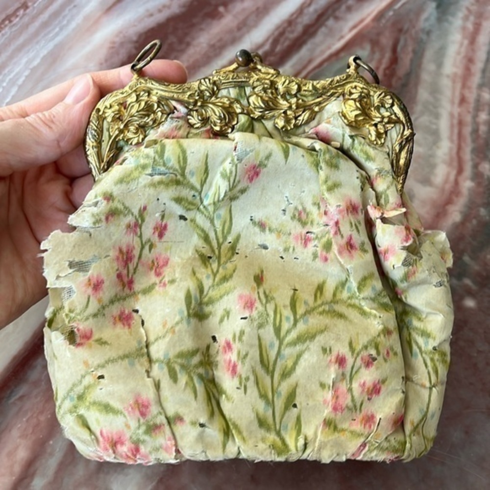 ANTIQUE French chiné silk purse watercolor floral Edwardian Victorian wedding